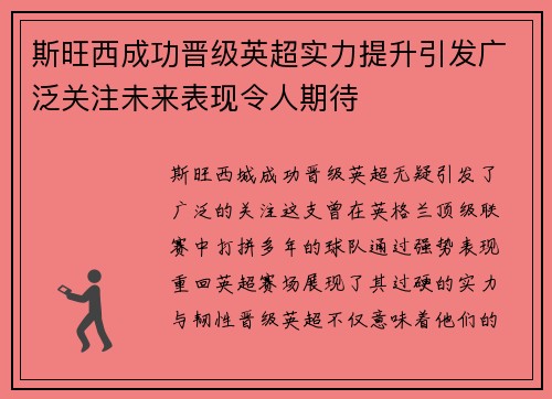 斯旺西成功晋级英超实力提升引发广泛关注未来表现令人期待