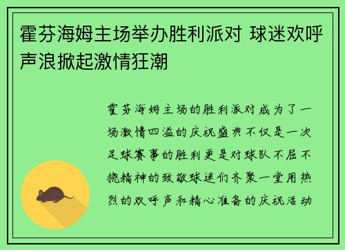 霍芬海姆主场举办胜利派对 球迷欢呼声浪掀起激情狂潮 霍芬海姆主场举办胜利派对 球迷欢呼声浪掀起激情狂潮